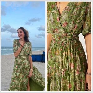 Ba&sh Rubi Green Jacquard Metallic Maxi Wrap Dress Size 6